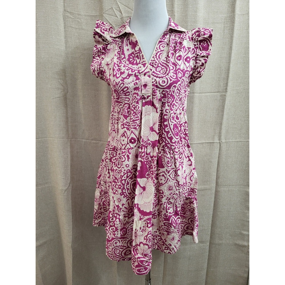 Geaux Styles Magenta Ivory Floral Paisley Tiered Ruffle Mini Dress Small Preppy